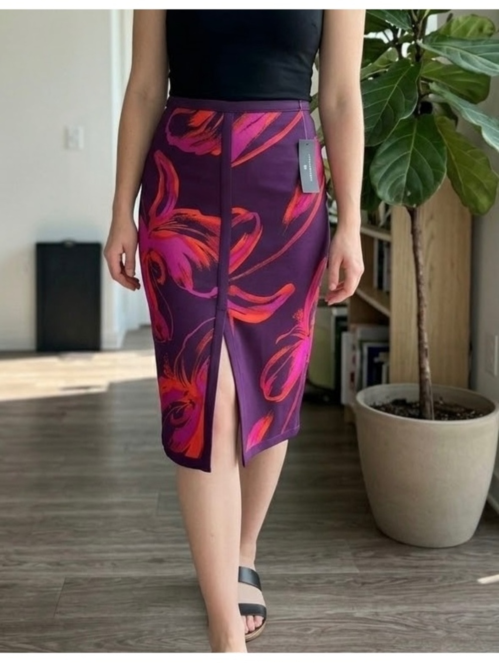 Worthington Purple Floral Midi Skirt with Front Slit Size 12